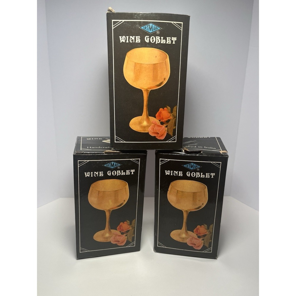 VTG ArtMark Solid Brass Wine Goblet New In Box Silver Plated Inside (Lot Of 3)